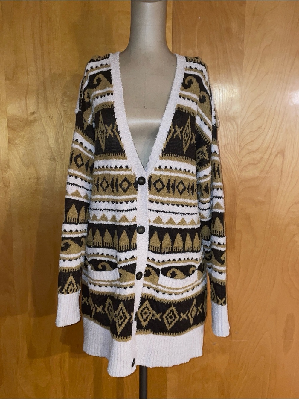 Frye Brown, White & Tan Geometric V-Neck Cardigan